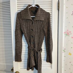 Eddie Bauer Belted Cable-Knit Brown Cream Cotton Cardigan Sz S